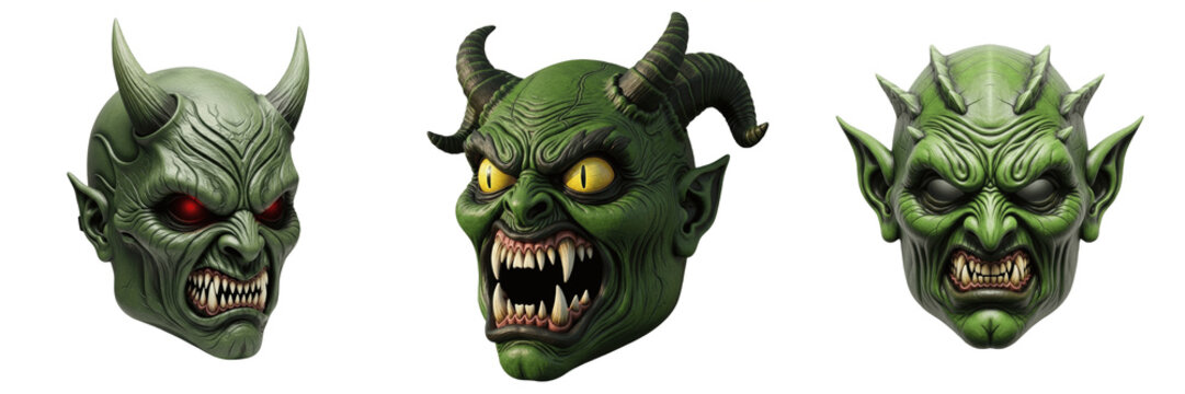Set of Three Scary Green Goblin or Demon Masks Isolated on White Background. Fantasy Monster Faces with Horns, Sharp Teeth, and Evil Eyes for Halloween, Horror Games, Costume Design, and Digital Art, 
