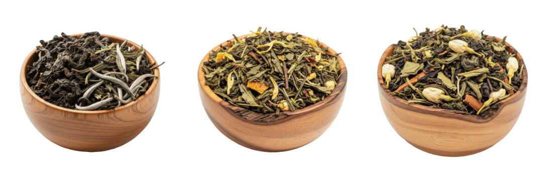 Aromatic Loose Herbal Tea Blend in Wooden Bowl PNG Set, Premium Green Tea Leaves and Dried Fruit Mix Ingredient Element for Wellness and Caf&eacute; Menus