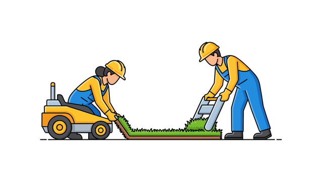 Professional Landscapers Installing Rolled Grass Sod Turf with Garden Machinery Vector Illustration