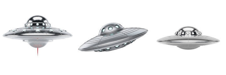 Classic Metallic Silver UFO Flying Saucer Spacecraft PNG Set, Retro Alien Spaceship Sci-Fi Vehicle Concept Element for Cosmos and Galaxy Graphic Designs © Dag