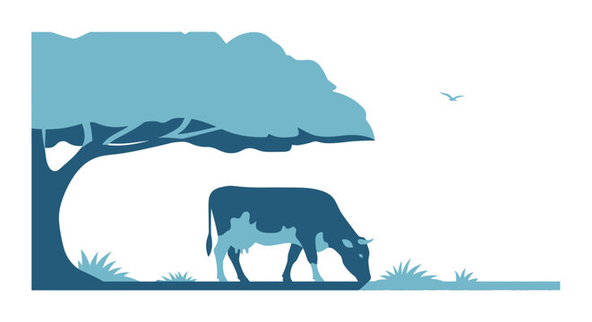 Cow Eating Under Tree Silhouette Illustration.