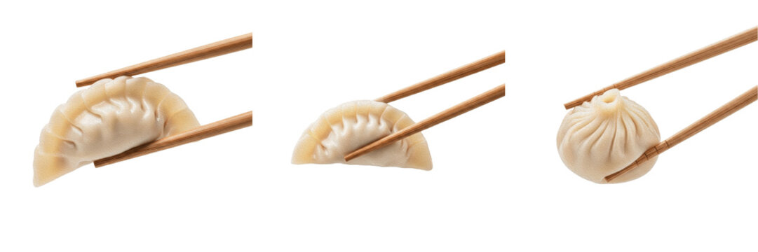 Single Chinese Dumpling Held with Wooden Chopsticks PNG Set, Delicious Asian Dim Sum Gyoza Snack, Traditional Food Culinary Element for Restaurant Menus