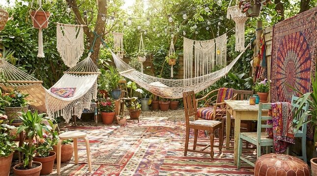Sunlit bohemian patio with hammocks and patterned rugs, surrounded by lush potted plants and colorful textiles, inviting calm outdoor lounging