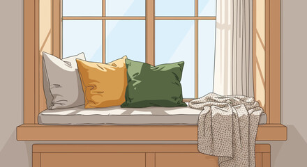 Naklejka premium Cozy Window Seat with Cushions and Blanket, Natural Light