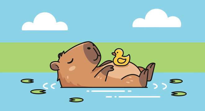 Cute Capybara Relaxing in Water with Rubber Duck