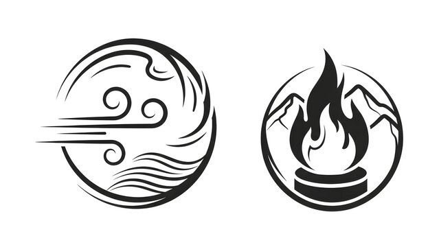 A circular emblem depicting dynamic wind currents and flowing water waves, symbolizing natural elements.