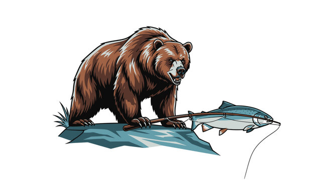 Grizzly Bear Fishing for Salmon on Rocky Shore
