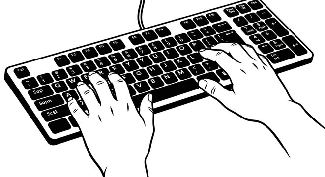 Hands typing on a computer keyboard, close-up illustration, black and white