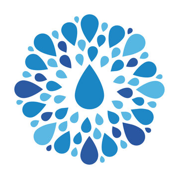 Stylized water droplets in azure and cobalt blue arranged in a balanced organic circular formation representing purity and hydration