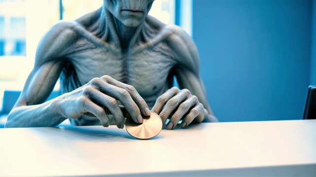 Alien hands placing a brushed steel token on a white counter. Extraterrestrial interacting with a metal object in a modern setting. Sci-fi transaction concept
