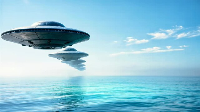 Formation of silver flying saucers hovering over a blue ocean. Extraterrestrial UFO fleet arriving above the water horizon. Sci-fi alien invasion concept