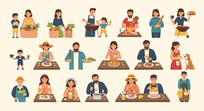 Comprehensive set of flat vector illustrations featuring diverse people, business characters, technology icons, and office elements for modern corporate and creative web design.