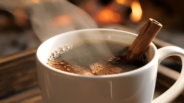Cozy Warm Drink with Cinnamon Stick by Fireplace.