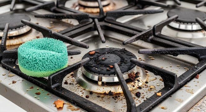 Dirty Gas Stove Top with a Green Cleaning Sponge for Kitchen Housekeeping and Hygiene