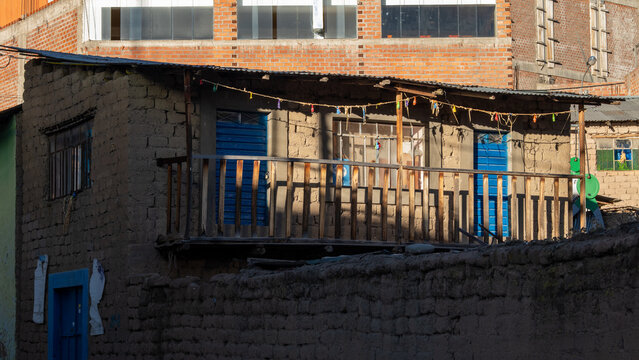 Traditional adobe houses and rural architecture in the highlands of Macusani, Puno, Peru.