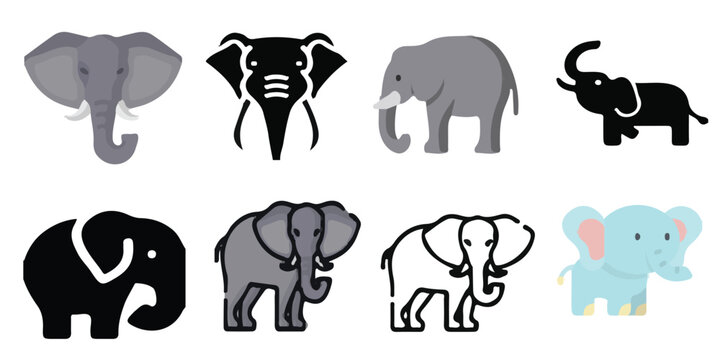 Vector illustration collection of elephant icons and silhouettes featuring flat design, line art, outline symbols, solid black shapes, and a cute cartoon character