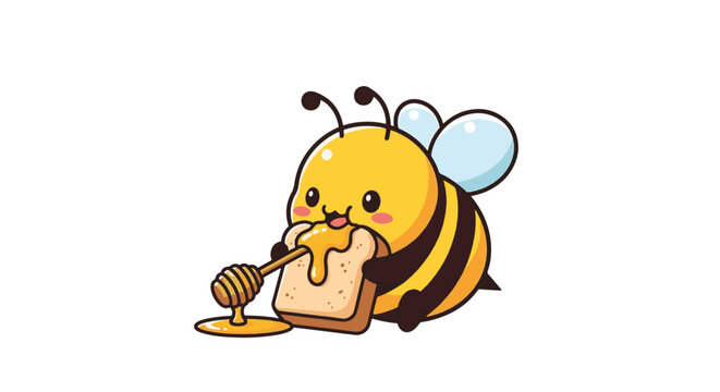 Kawaii bee character eating sweet honey from a ceramic jar using a wooden dipper, cute bumblebee cartoon with large eyes and wings, vector illustration on white background.