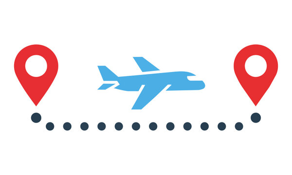 Simplified airplane icon flying between two red map markers connected by a dotted line representing a travel route. Location and navigation concept
