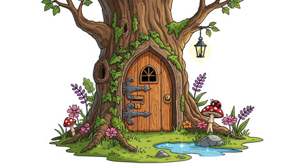 Pixel Art Fairy House Door in Ancient Tree Trunk with Flowers and Mushrooms © nuha