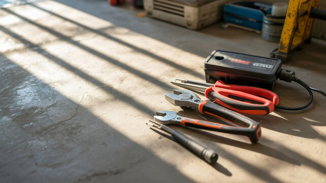 Orange and black tools on a concrete floor orange handles workshop