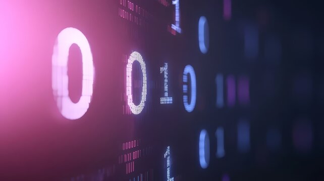Abstract digital background featuring binary code sequence streams floating in depth with soft glowing purple blue cybernetic light patterns