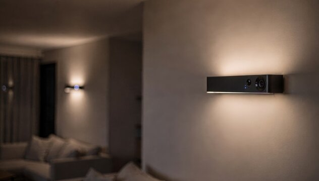 Calm medium shot of lighting devices subtly shifting ambiance on a slow weekday featuring AI sensors distinctly focused against a muted blurred background.