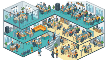 Naklejka premium An office building interior with multiple floors shows employees working collaboratively in various departments.