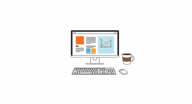 Computer monitor with keyboard and coffee.