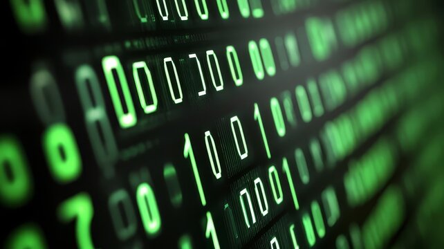 Abstract digital background with glowing green binary code stream for technology concept design