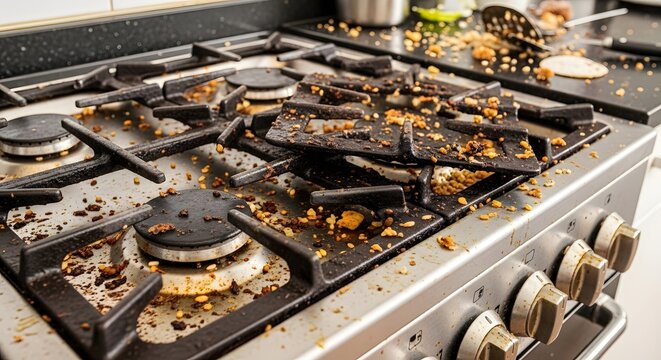 Dirty gas kitchen stove with grease residue and food crumbs needing deep cleaning