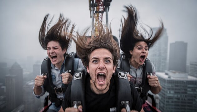 Closeup of drop tower riders midfreefall faces expressing excitement against an outoffocus foggy cityscape.