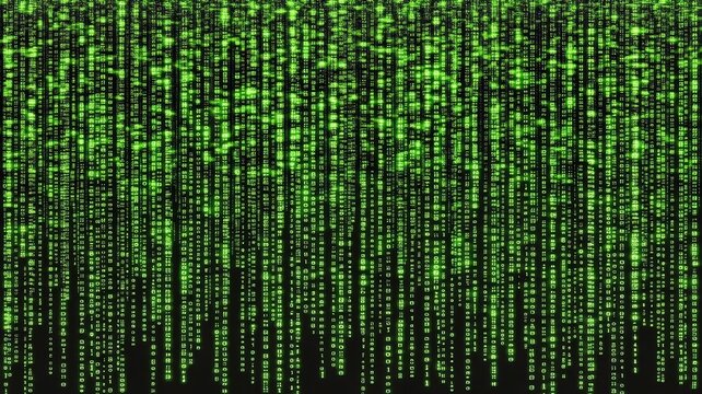 Abstract digital background featuring cascading green binary code streams on dark surface