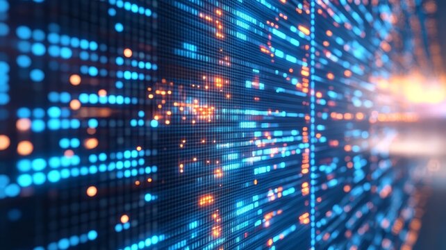 Abstract digital network background featuring glowing blue and orange particles flowing through data stream connections