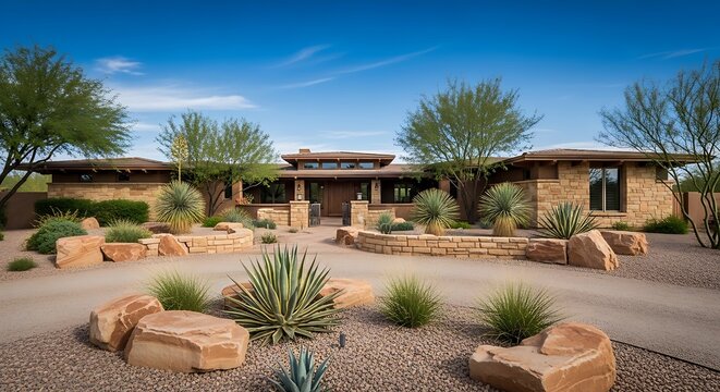 Modern luxury house with desert landscaping and stone walls in a bright sunny residential neighborhood. arizona front yard 