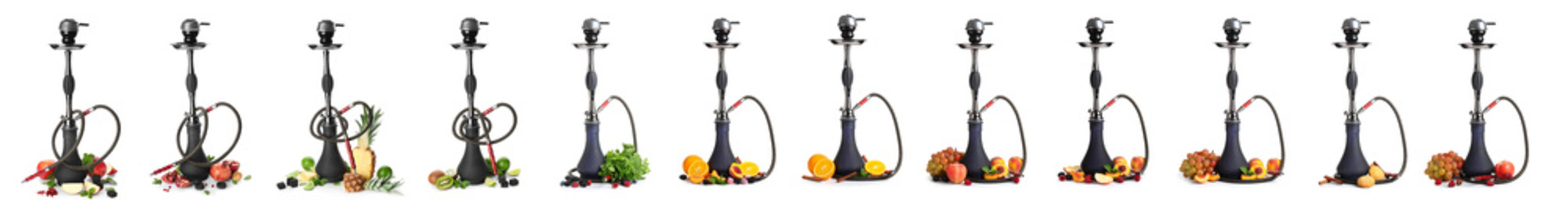 Set of hookah with different fruits on white background