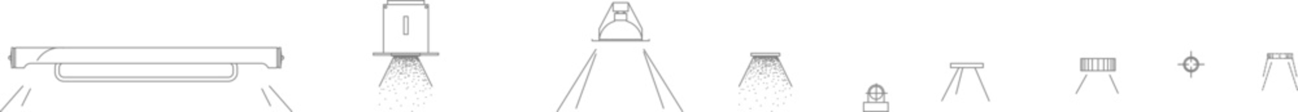 Technical vector set of recessed downlights and spotlight fixtures, featuring architectural front elevation layout symbols.