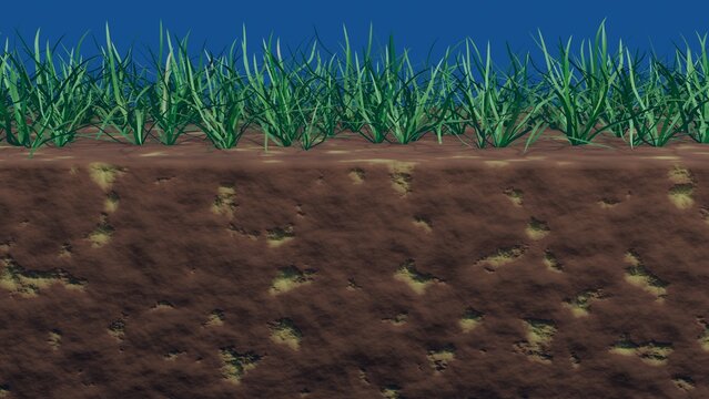 Soil aeration. Slightly compacted soil underground. Medium level air exchange in soil. Digging holes opens up slightly compacted earth during aeration.  
3d render illustration.