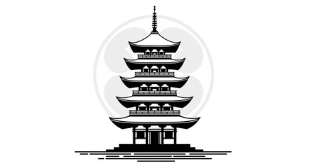 Traditional Japanese Pagoda Architecture, Zen Temple Silhouette, Asian Culture Symbol © zulfa