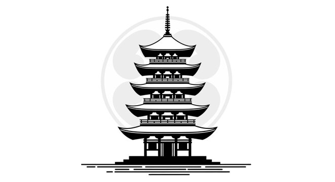 Traditional Japanese Pagoda Architecture, Zen Temple Silhouette, Asian Culture Symbol