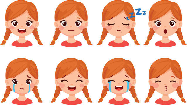 Girl Emotion Expression Vector Set with Cute Cartoon Faces Showing Happy, Sad, Sleepy, Crying and Surprised Feelings for Kids Character DesignGirl Emotion Expression Vector Set with Cute Cartoon Fac