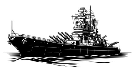 Vintage Battleship Illustration, Naval Warship Silhouette, Marine Military Vessel © sarmadi