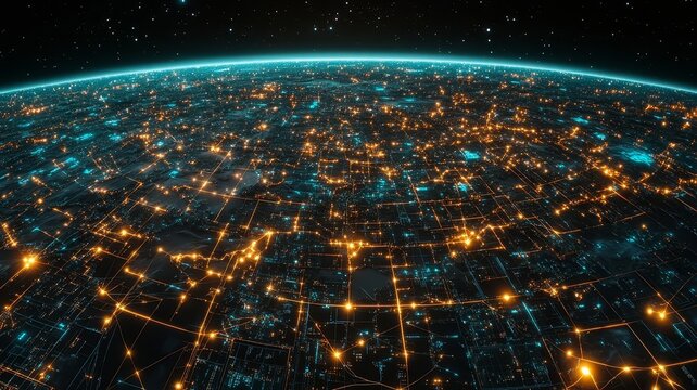 Stunning aerial view of urban city lights and global digital network connections at night