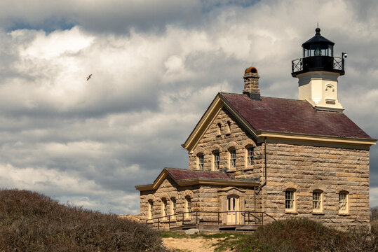 Block Island Rhode Island, New England - Lighthouse Tower Above Coastal Grass