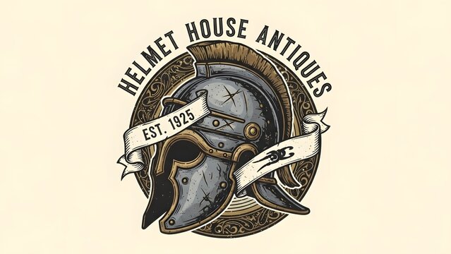Vintage logo for Helmet House Antiques featuring a detailed illustration of an ancient Roman or Greek helmet with a crest and an 'EST. 1925' banner.