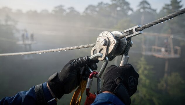 Worker inspecting pulley systems on zip lines in morning mist detailed closeup on equipment while soft fog obscures the distant treetop course.