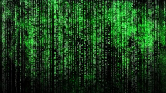 Abstract digital background featuring flowing green binary code streams and dark grunge data patterns