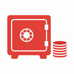 Red safe with stack of coins icon representing financial security and wealth accumulation © Volodymyr Hankevych