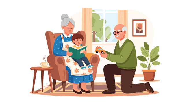 Flat style vector illustration of grandparents caring for child in home or garden, intergenerational bonding and family support concept