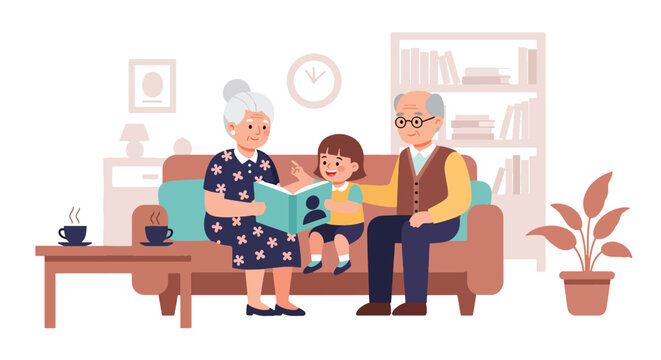 Flat style vector illustration of grandparents caring for child in home or garden, intergenerational bonding and family support concept