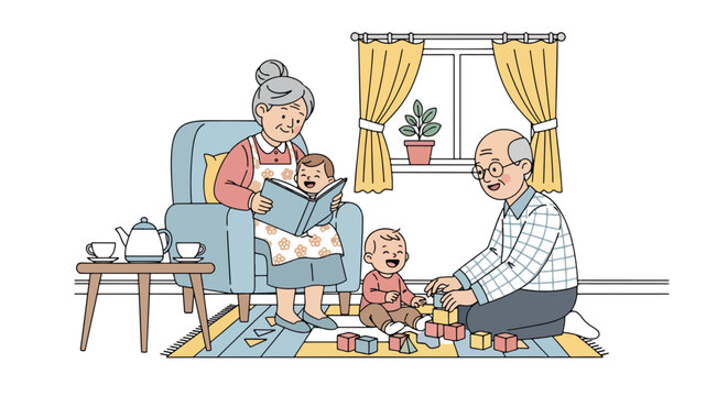 Flat style vector illustration of grandparents caring for child in home or garden, intergenerational bonding and family support concept